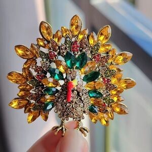 Thanksgiving Colorful Turkey Brooch Pin with Gold Base and Sparkling Gemstones